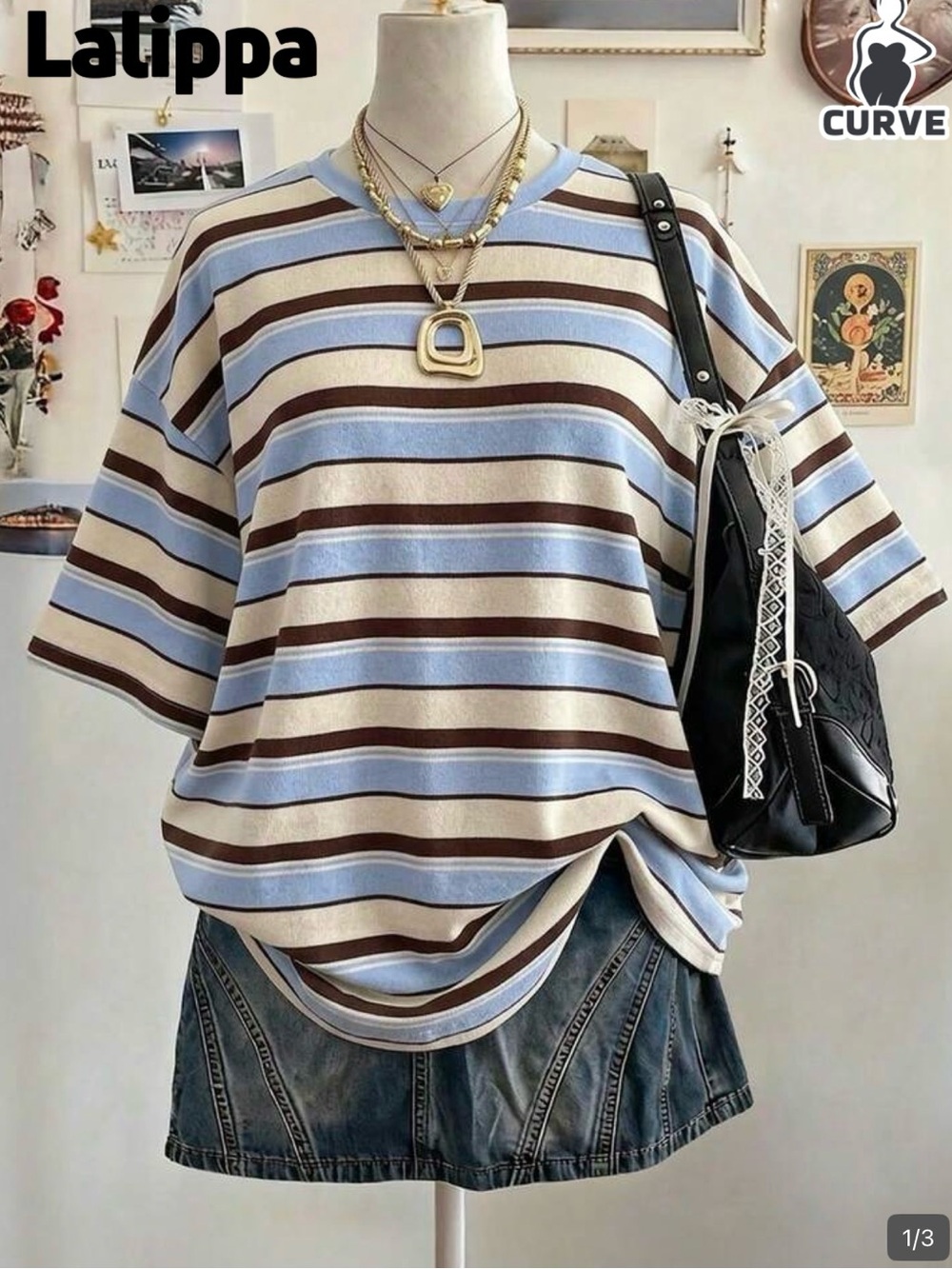 SHEIN Curve Oversized Striped Tee in Blue, Brown & Cream
